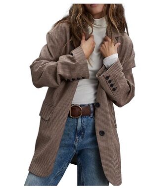 NWOT Free People Reggie Blazer Small Oversized Jacket Brown Orange Houndstooth